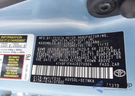 2012 Toyota Camry Le from USA, damaged, VIN 4T4BF1FK4CR270904